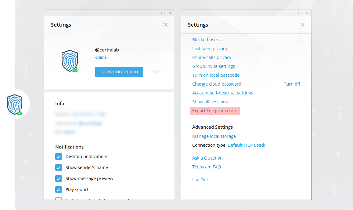 بخش تنظیمات حساب تلگرام