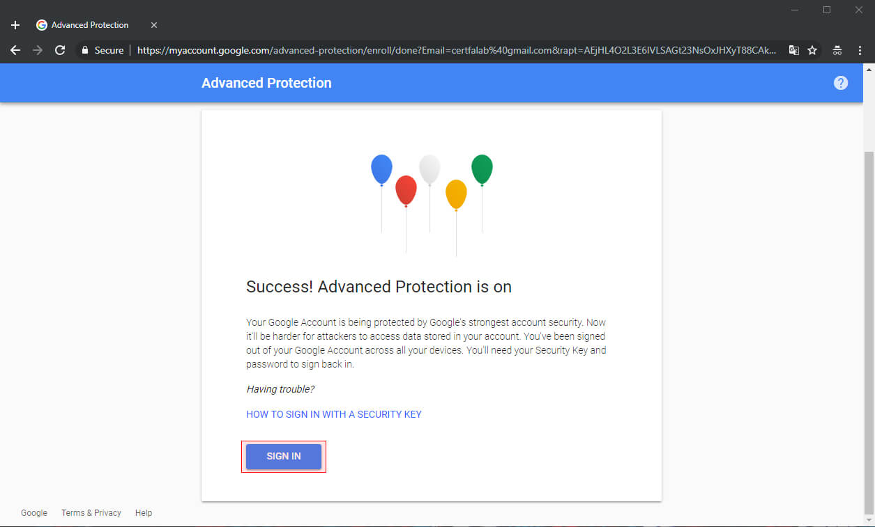 پیام تایید فعال‌سازی حفاظت پیشرفته برای حساب کاربری گوگل