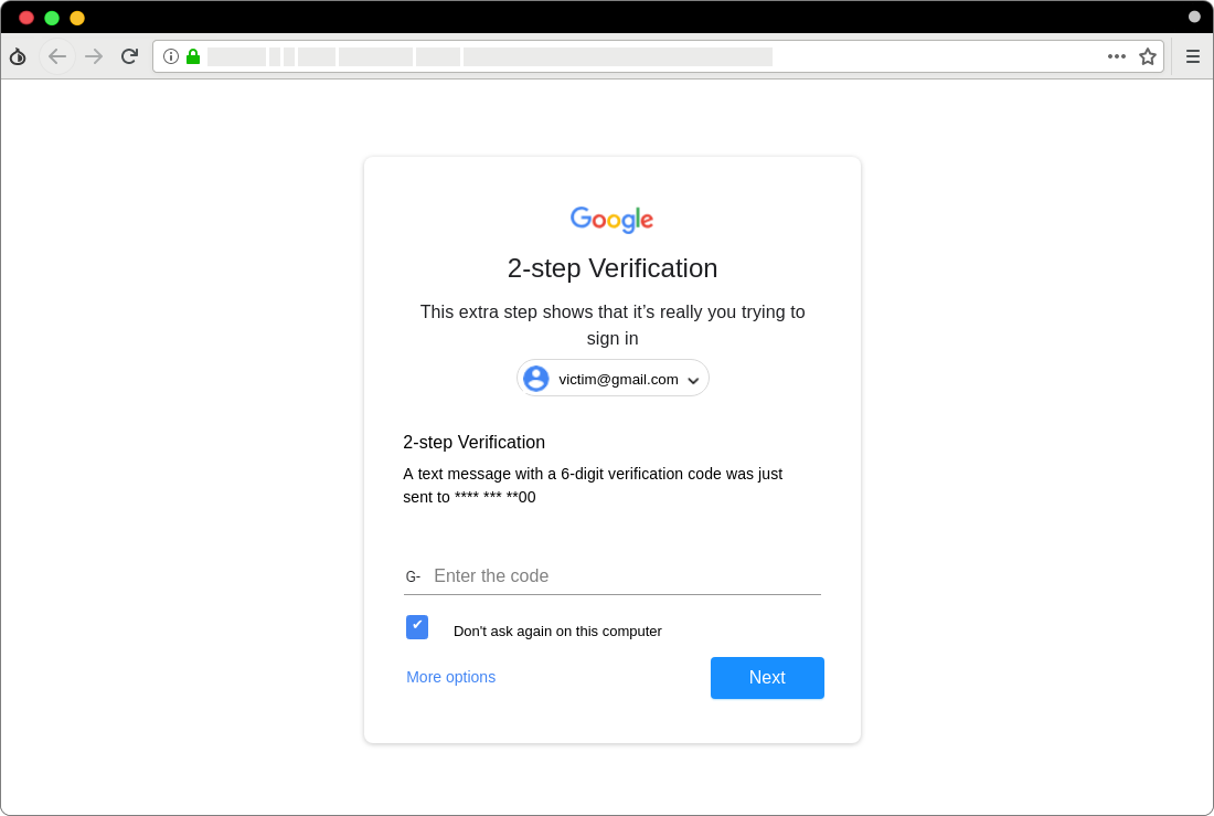 صفحه جعلی وارد کردن کد تایید هویت دو مرحله‌ای برای ورود به حساب جی‌میل