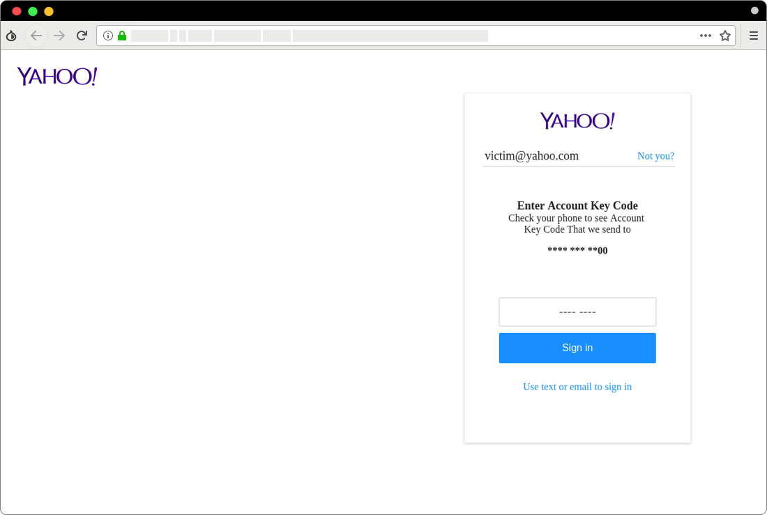 صفحه جعلی وارد کردن کد تایید هویت دو مرحله‌ای برای ورود به حساب ایمیل یاهو